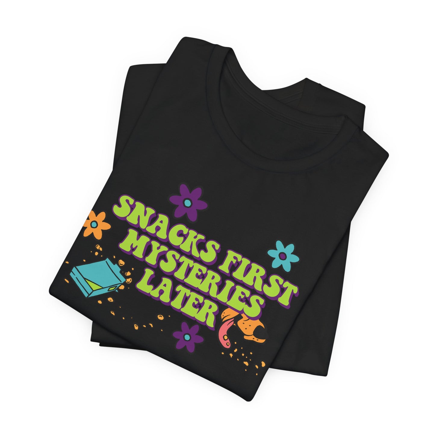 Snacks First Mysteries Later Nostalgic Cartoon Tee