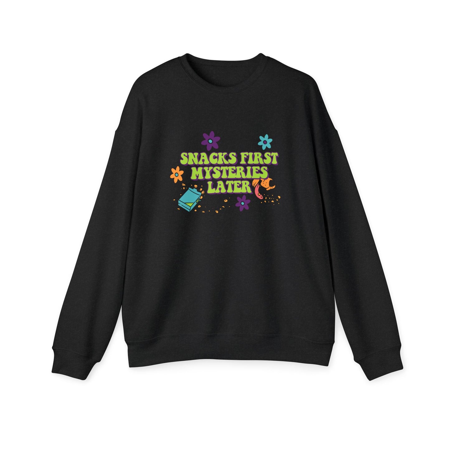 Snacks First Mysteries Later Nostalgic Cartoon Sweatshirt Black