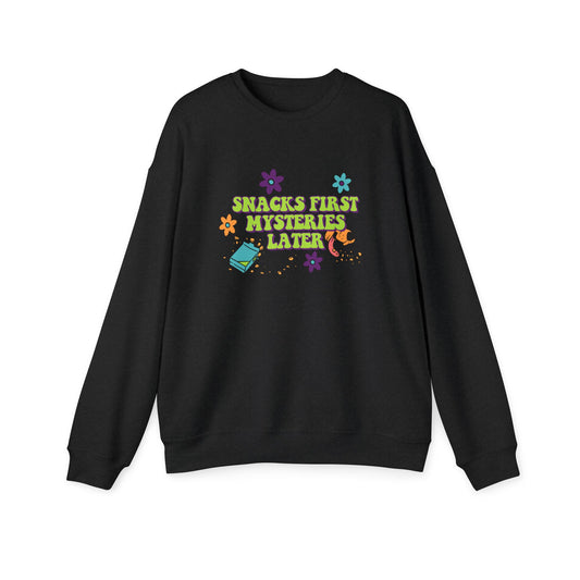 Snacks First Mysteries Later Nostalgic Cartoon Sweatshirt Black