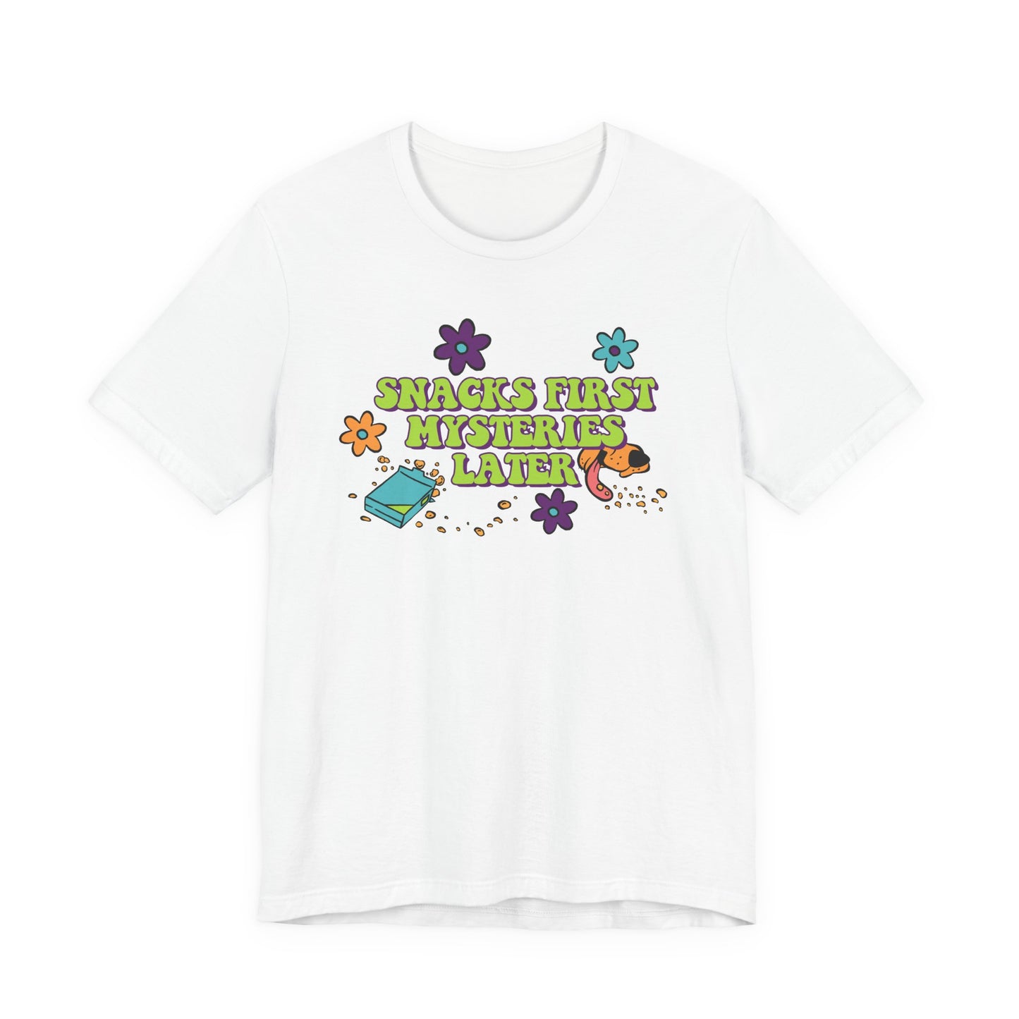 Snacks First Mysteries Later Nostalgic Cartoon Tee