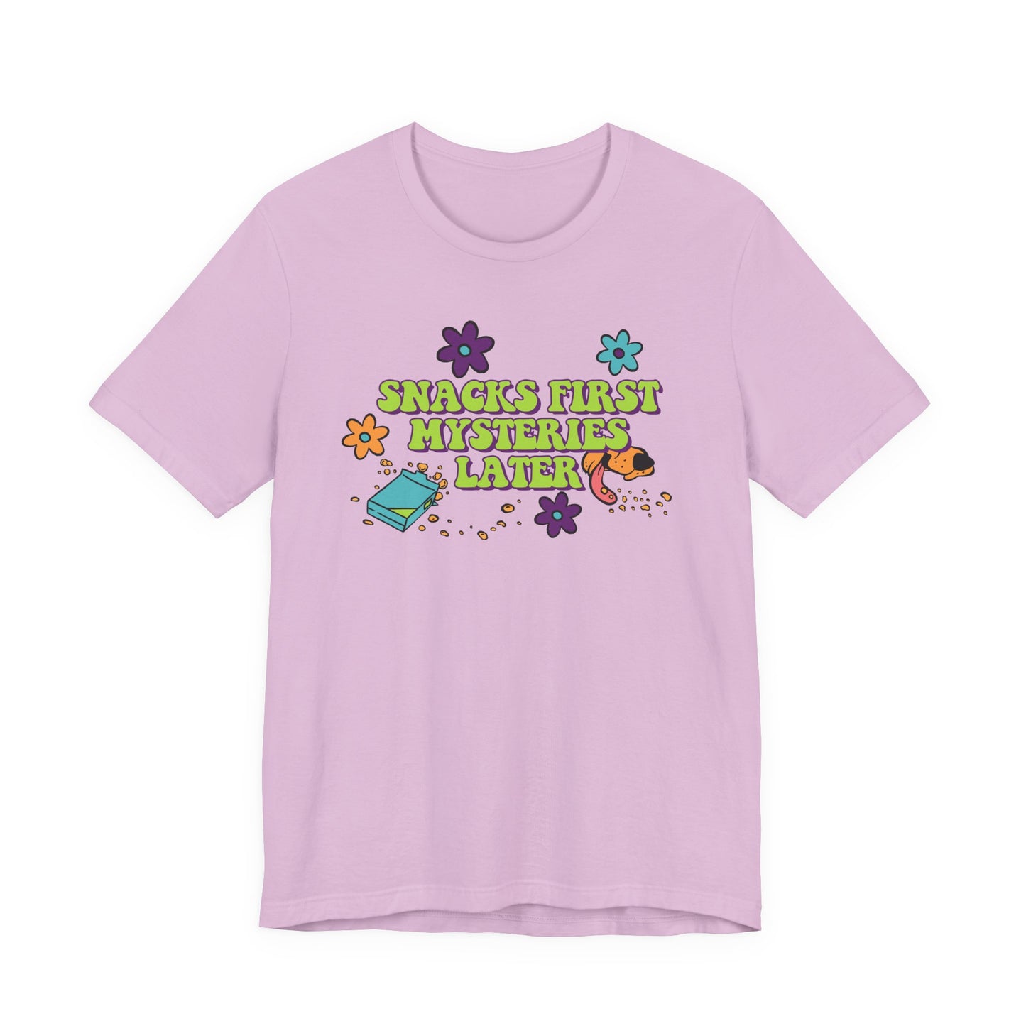 Snacks First Mysteries Later Nostalgic Cartoon Tee