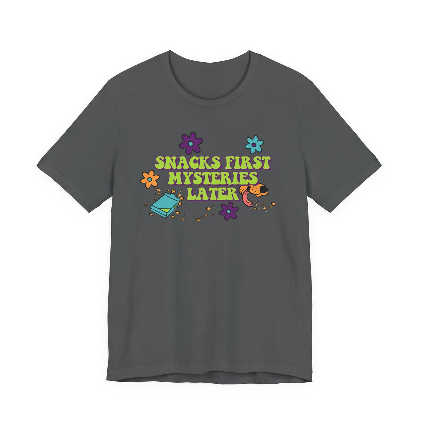 Snacks First Mysteries Later Nostalgic Cartoon Tee