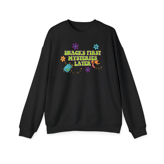 Snacks First Mysteries Later Nostalgic Cartoon Sweatshirt