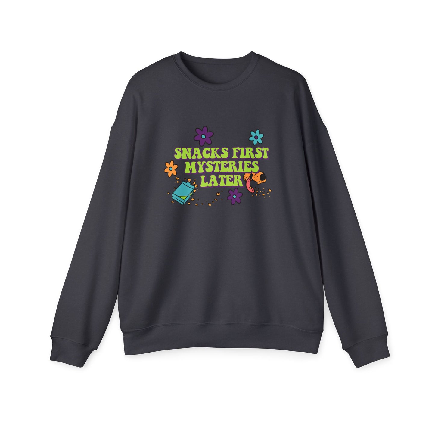 Snacks First Mysteries Later Nostalgic Cartoon Sweatshirt Dark Grey