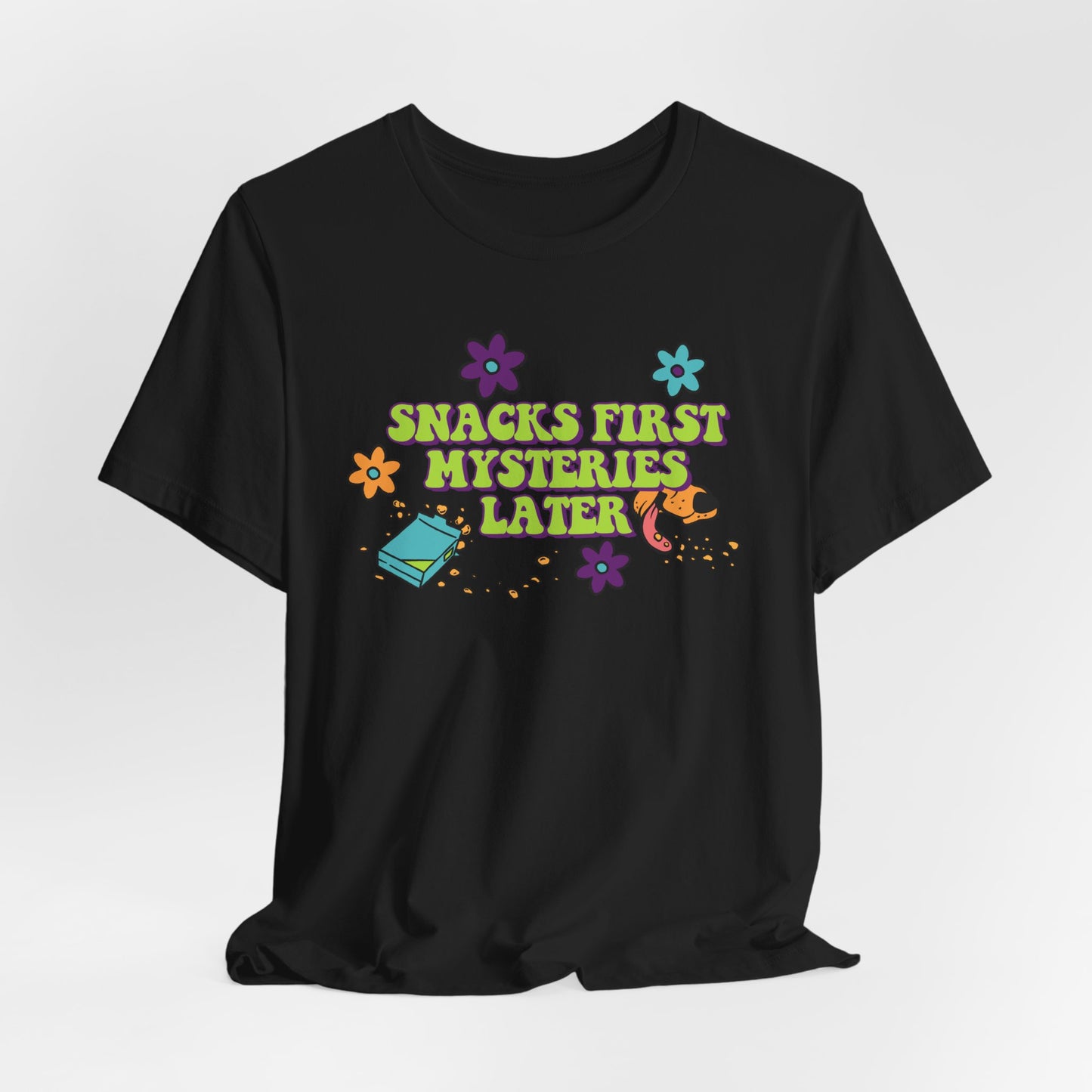 Snacks First Mysteries Later Nostalgic Cartoon Tee