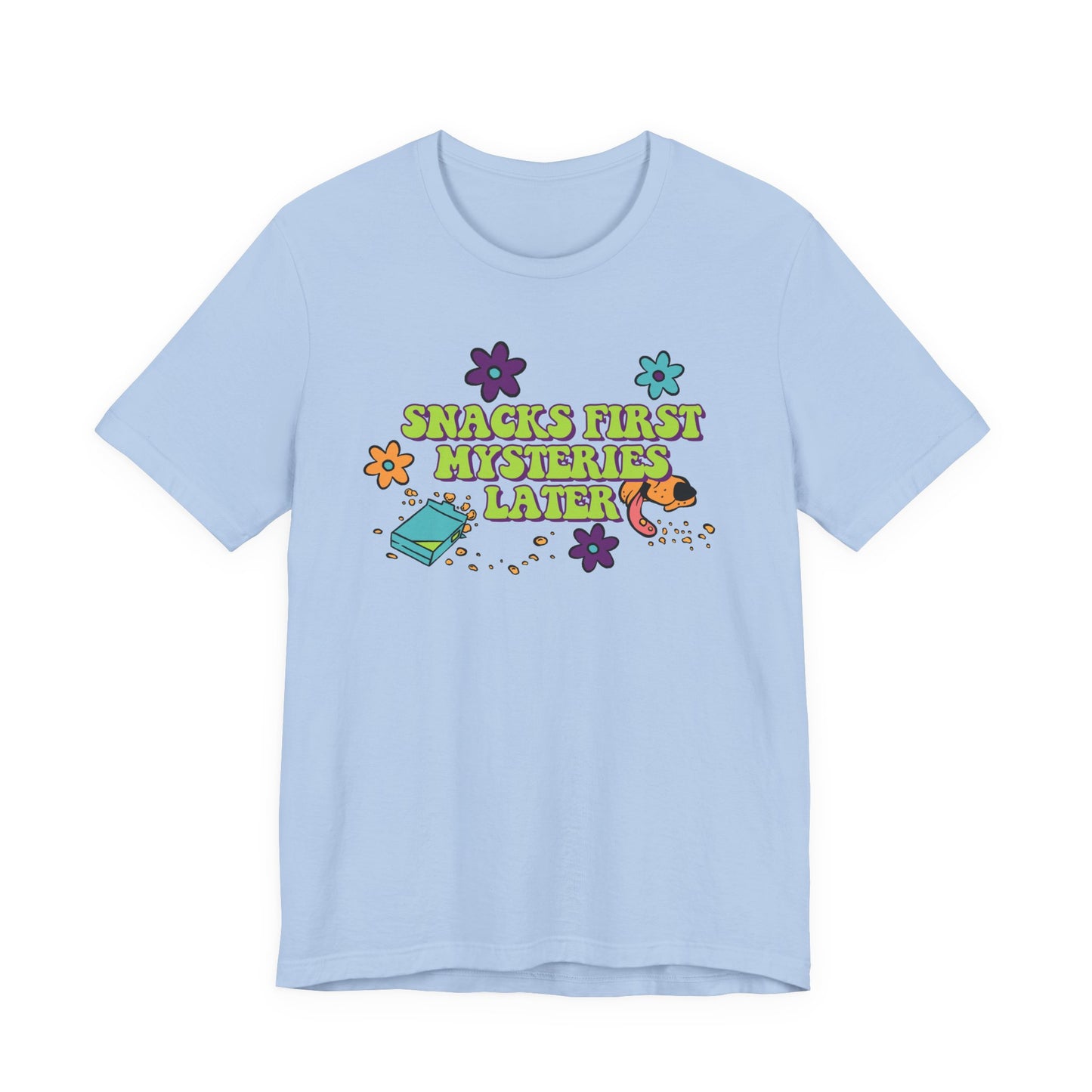 Snacks First Mysteries Later Nostalgic Cartoon Tee