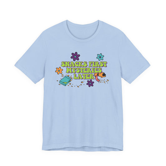 Snacks First Mysteries Later Nostalgic Cartoon Tee