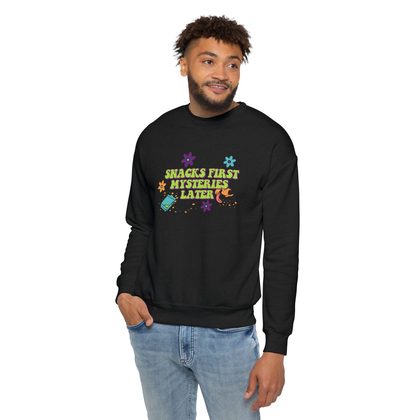 Snacks First Mysteries Later Nostalgic Cartoon Sweatshirt