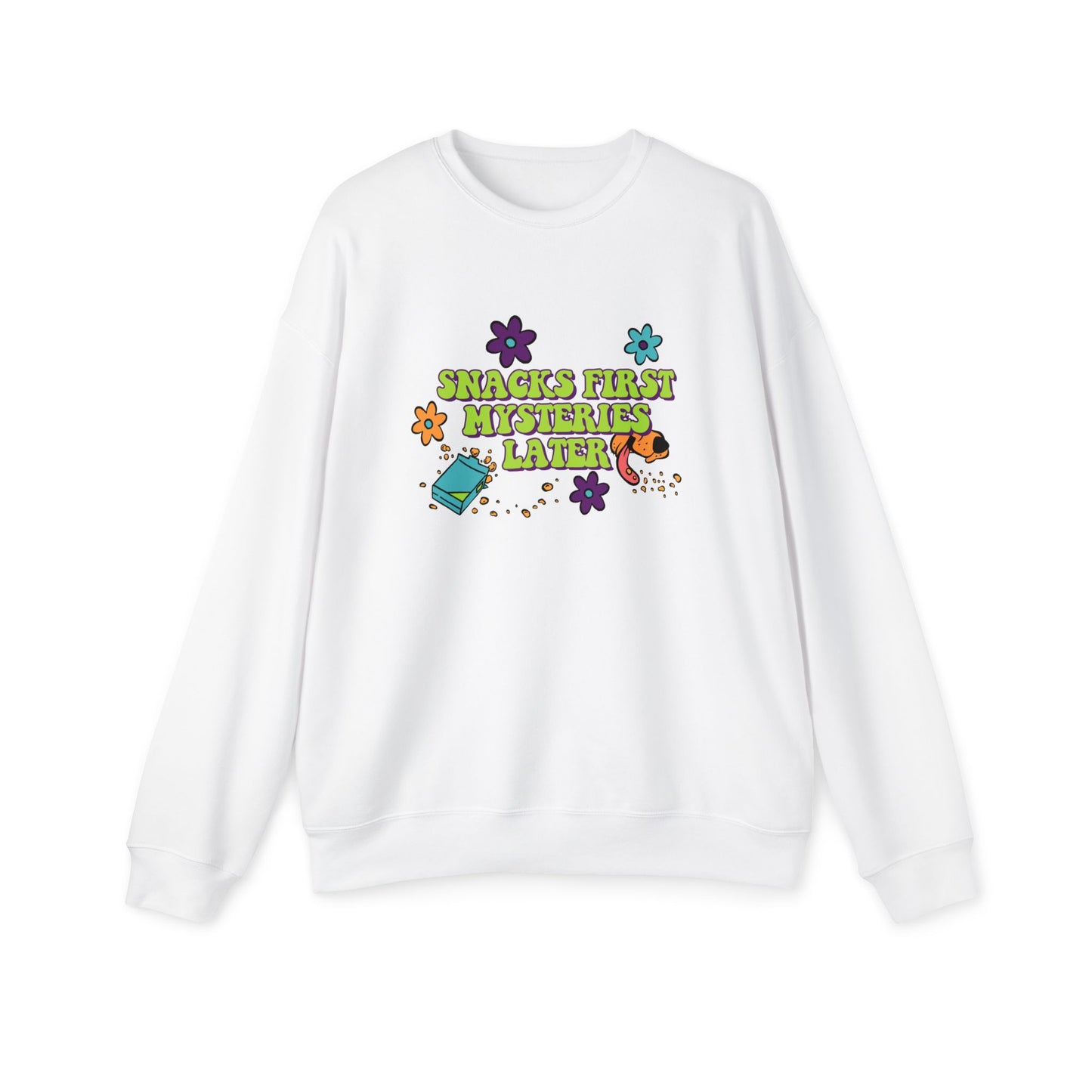 Snacks First Mysteries Later Nostalgic Cartoon Sweatshirt White