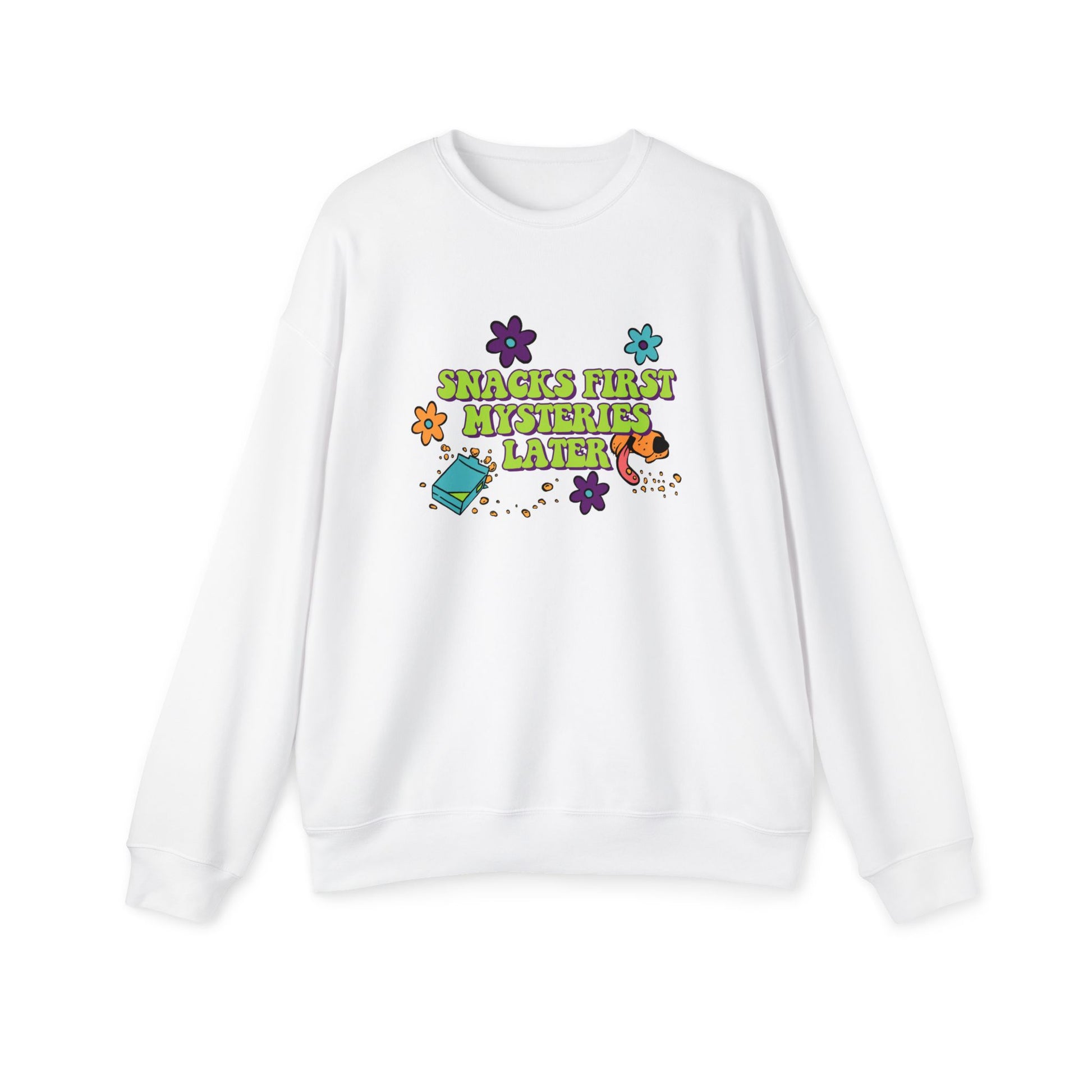 Snacks First Mysteries Later Nostalgic Cartoon Sweatshirt White