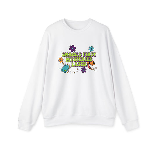Snacks First Mysteries Later Nostalgic Cartoon Sweatshirt White