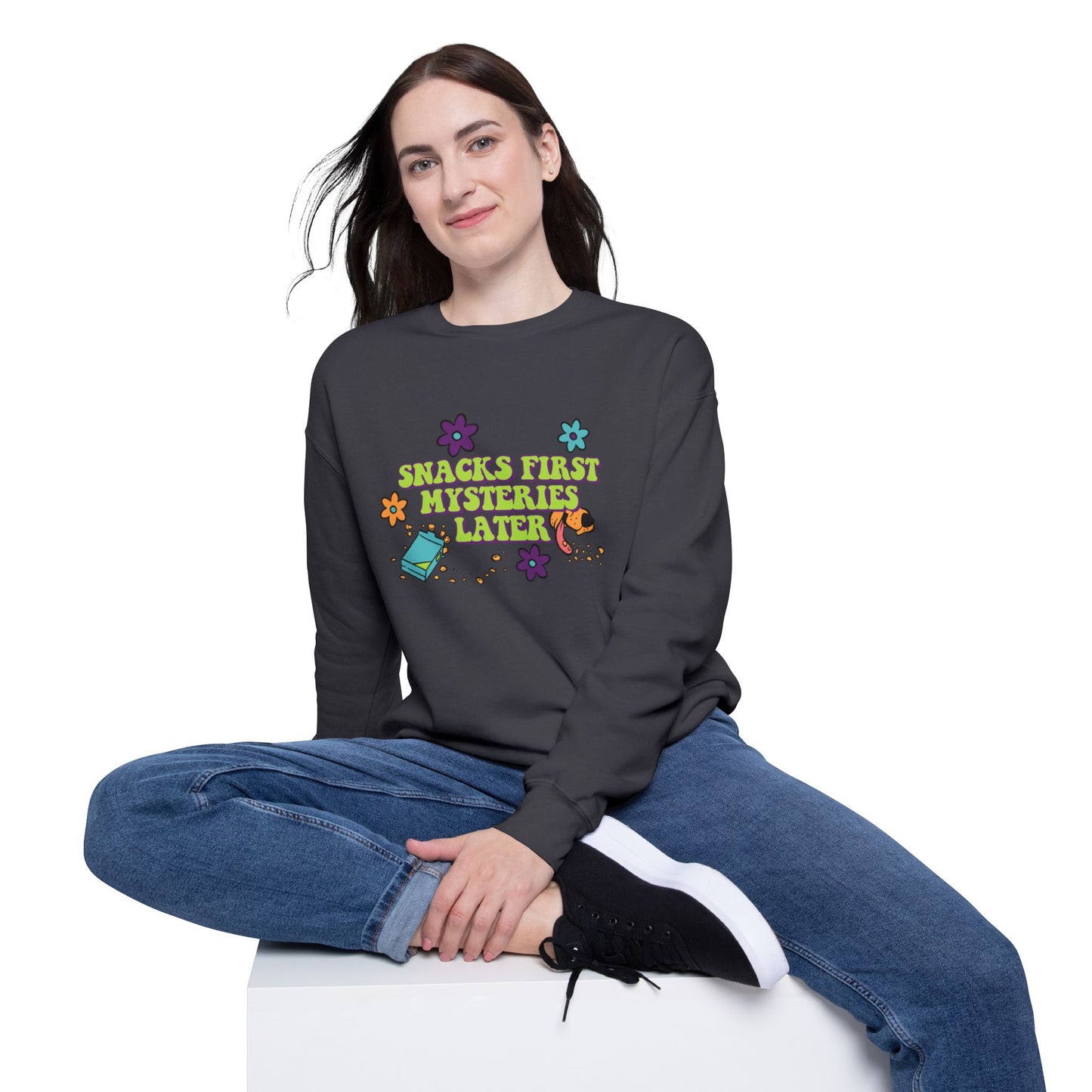 Snacks First Mysteries Later Nostalgic Cartoon Sweatshirt
