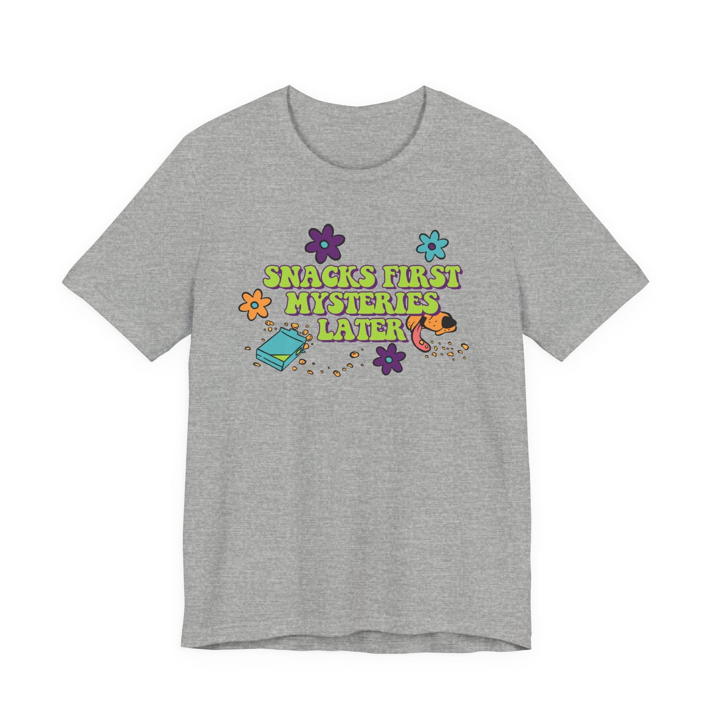 Snacks First Mysteries Later Nostalgic Cartoon Tee